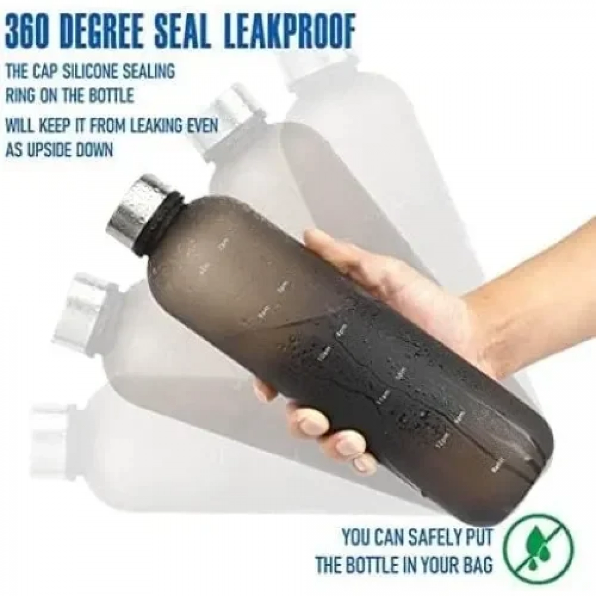 Μπουκάλι - Παγούρι Νερού 1L με δείκτες χρόνου για πρωί και απόγευμα Μαύρο με Ασημί Καπάκι