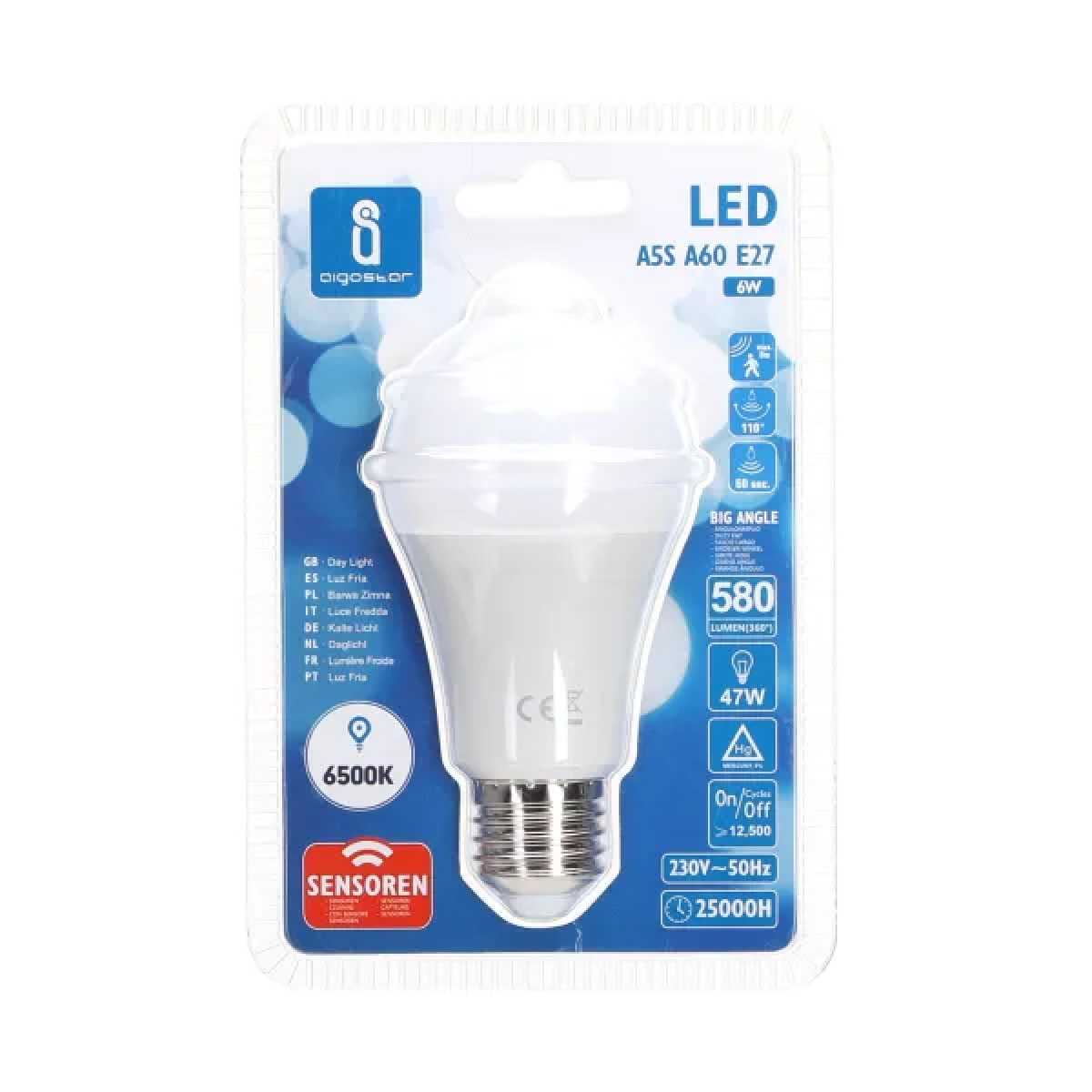 Λάμπα LED A60 E27 6W με Αισθητήρα Υπερύθρων Ψυχρό Λευκό 6500K 580lm Aigostar