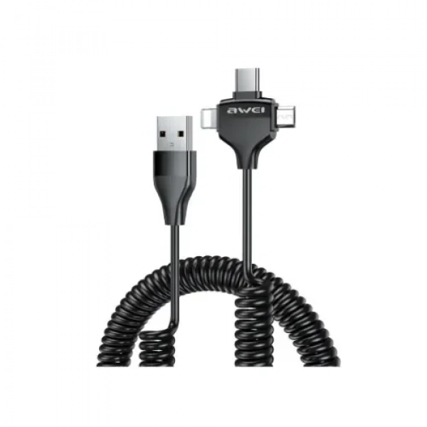 Awei CL-205 Καλώδιο σπιράλ 3 σε 1 Type-C + Micro + IP Design 2.4A 1.5M Μαύρο