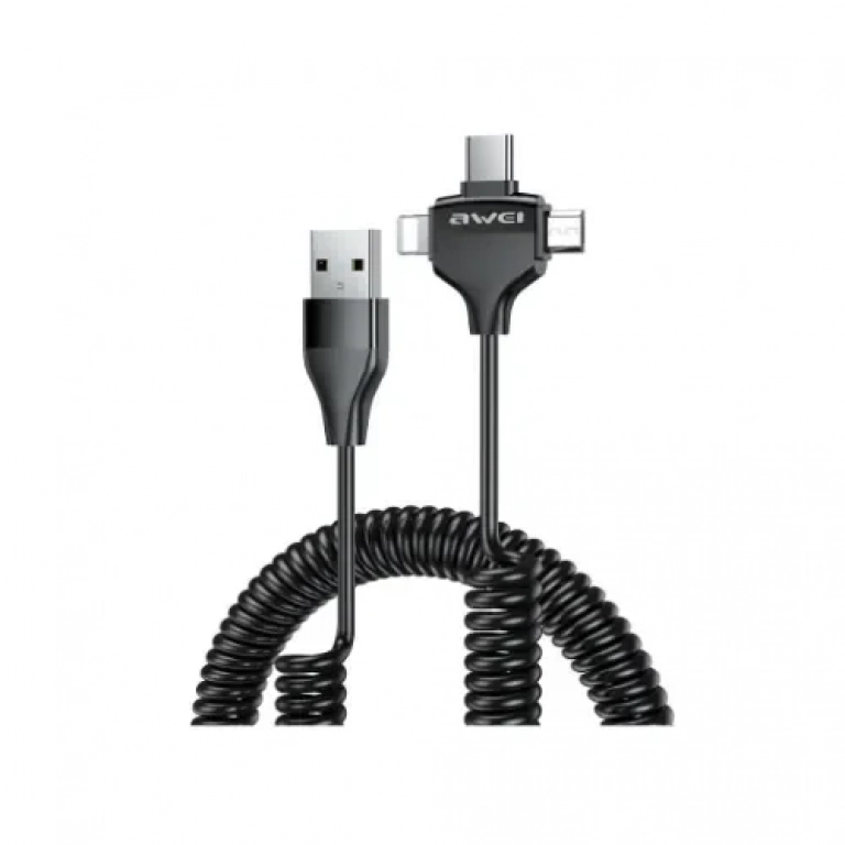 Awei CL-205 Καλώδιο σπιράλ 3 σε 1 Type-C + Micro + IP Design 2.4A 1.5M Μαύρο