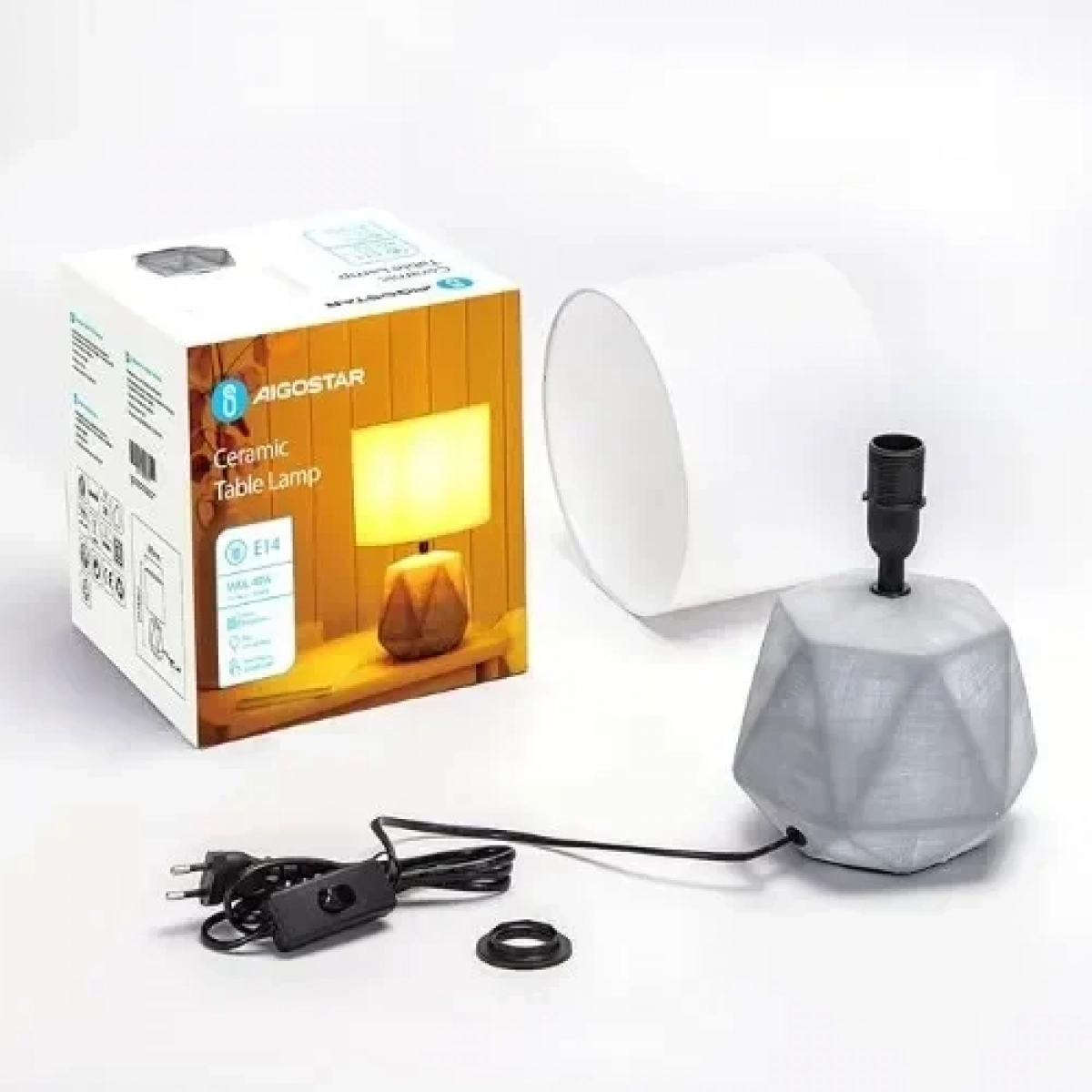 Aigostar Κεραμικό Πορτατίφ Ε14 40W 20x29 cm Λευκό Καπέλο και Ανοιχτή Γκρι Diamond Βάση