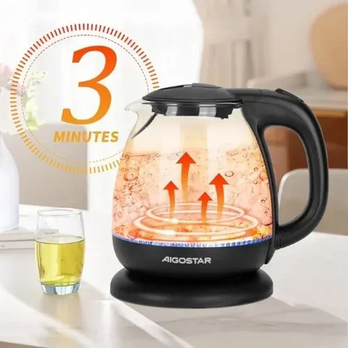 Γυάλινος Μίνι Βραστήρας 1lt 2200W Μαύρος - Aigostar