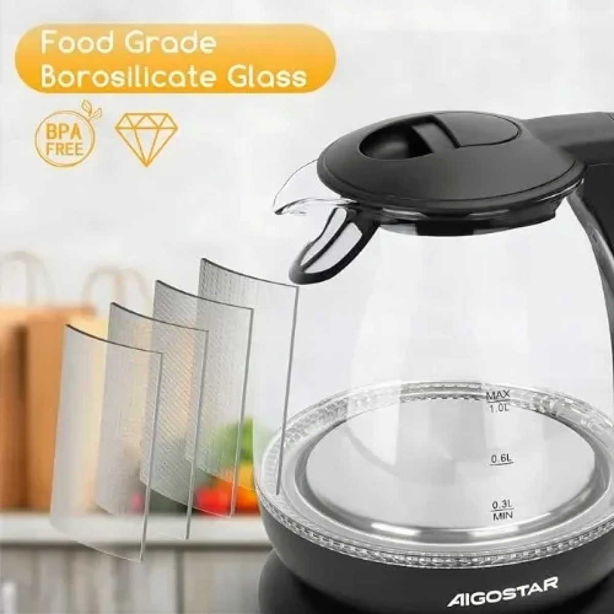 Γυάλινος Μίνι Βραστήρας 1lt 2200W Μαύρος - Aigostar
