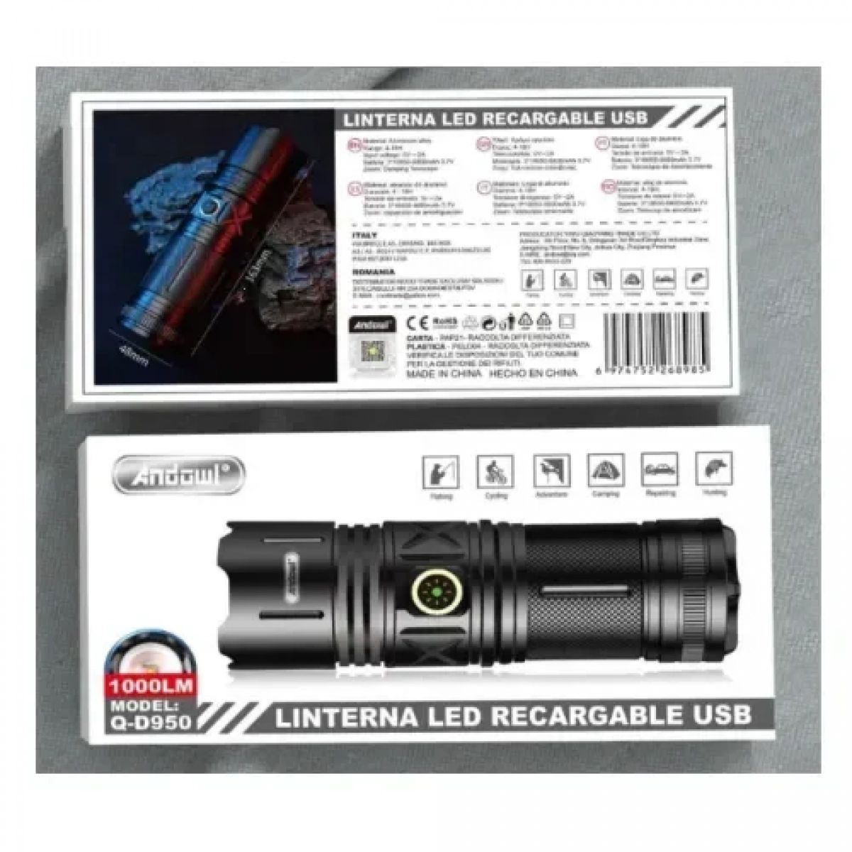 Επαναφορτιζόμενος Φακός USB LED 1000lm Andowl Q-D950