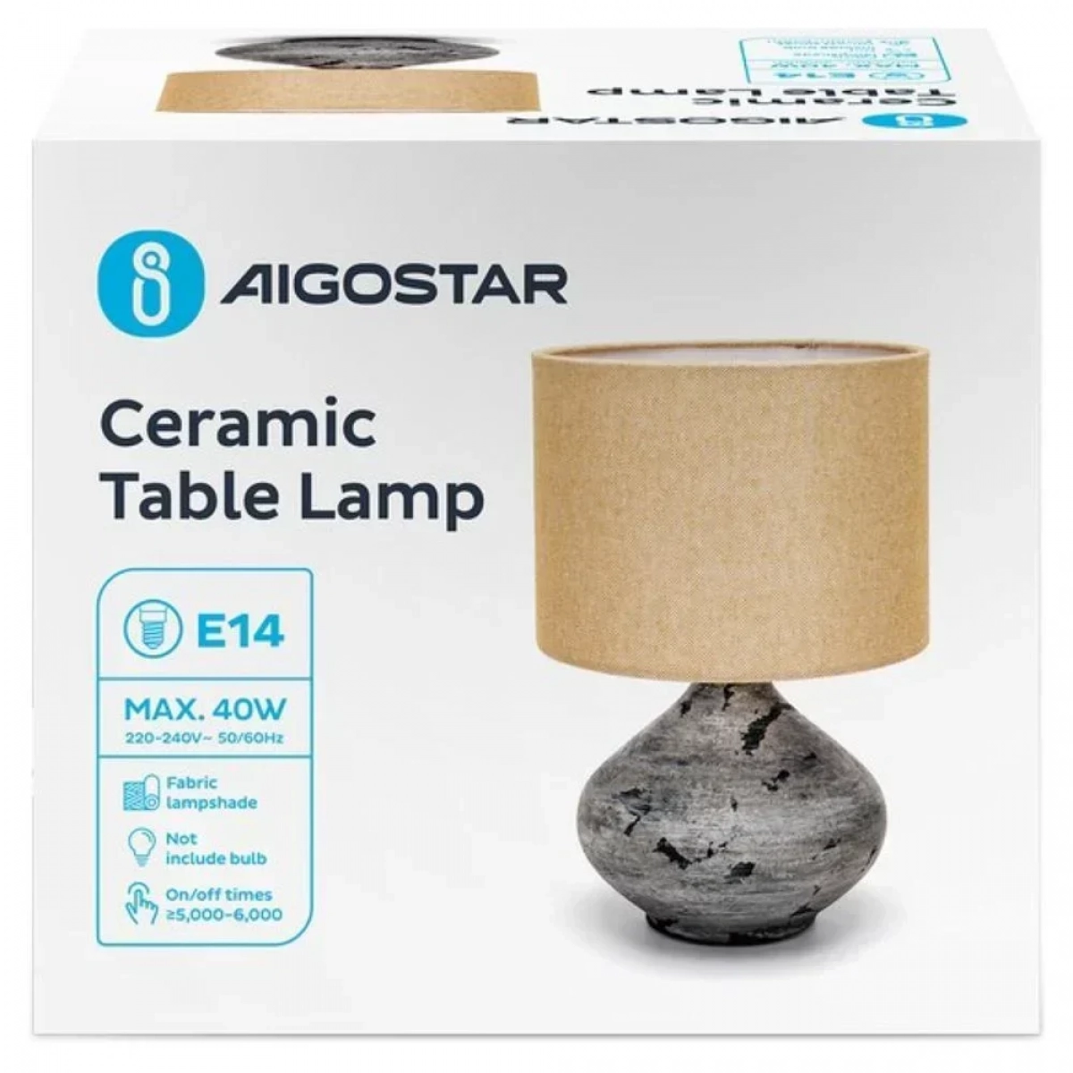 Aigostar Κεραμικό Πορτατίφ Ε14 40W 20x31 cm Μπεζ Λινό Καπέλο και Γκρι Κεραμική Βάση
