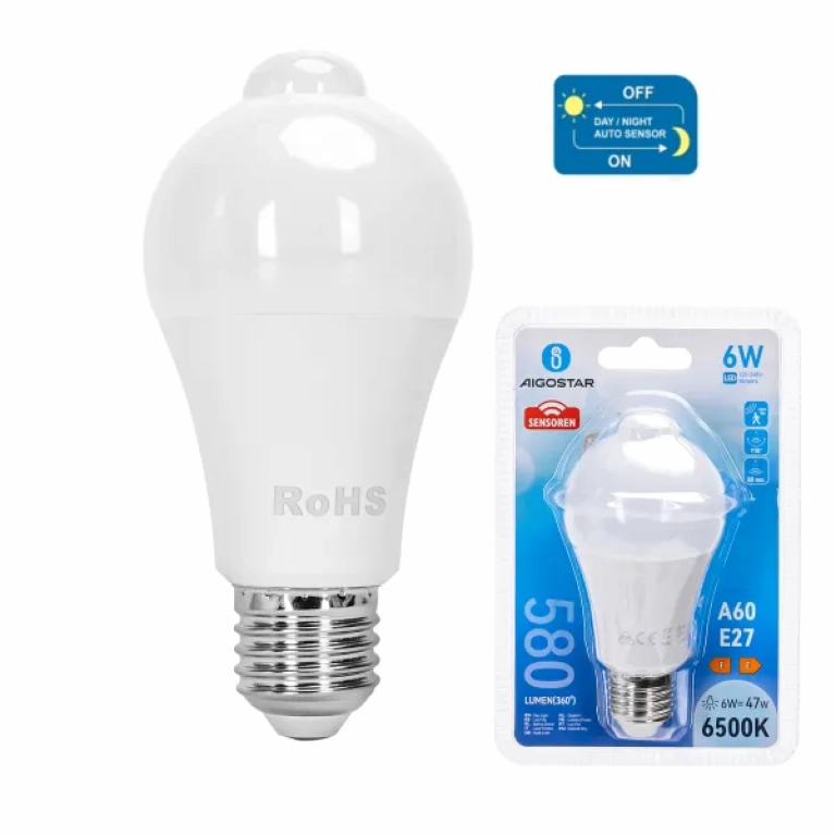 Λάμπα LED A60 E27 6W με Αισθητήρα Υπερύθρων Ψυχρό Λευκό 6500K 580lm Aigostar