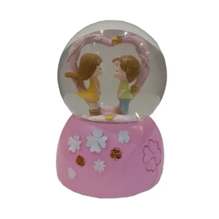 Χιονόμπαλα με καρδιά και δύο ανθρωπάκια 8x12cm σε χρώμα ροζ