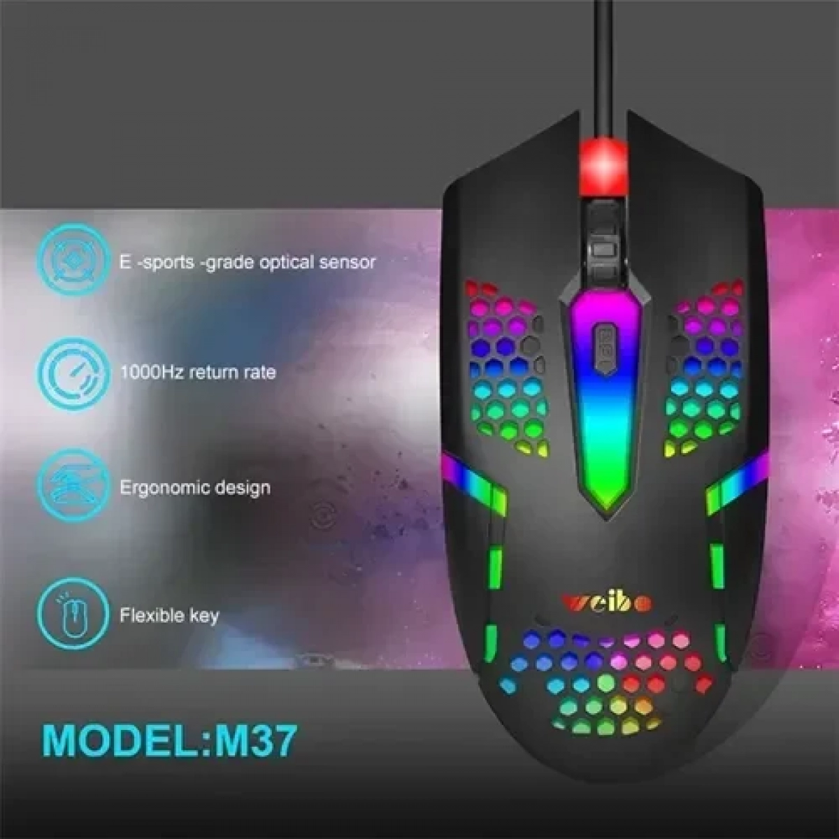 Ενσύρματο ποντίκι gaming USB Honeycomb Hollow RGB Glowing Gamer Weibo M-37 - Image 3