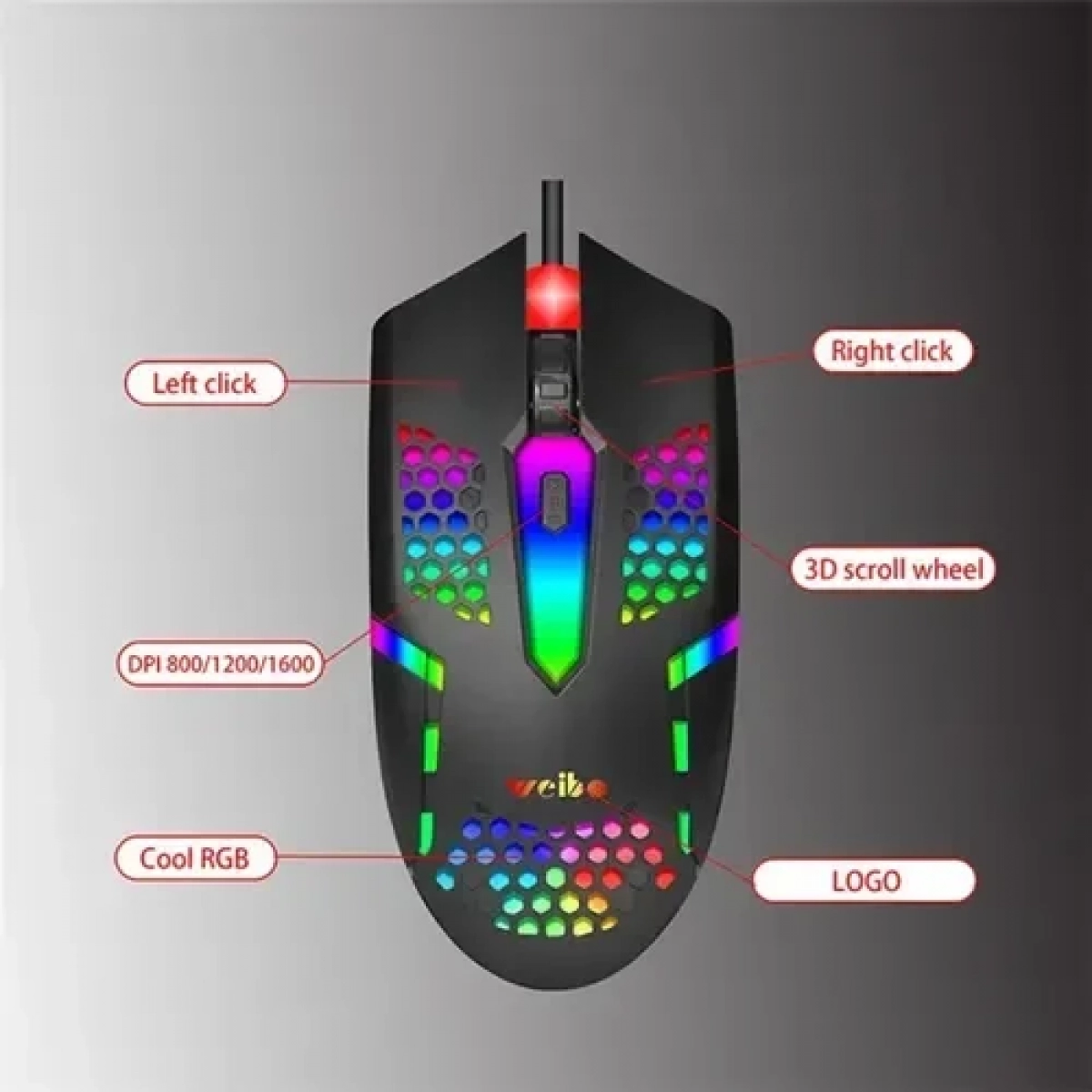Ενσύρματο ποντίκι gaming USB Honeycomb Hollow RGB Glowing Gamer Weibo M-37 - Image 6