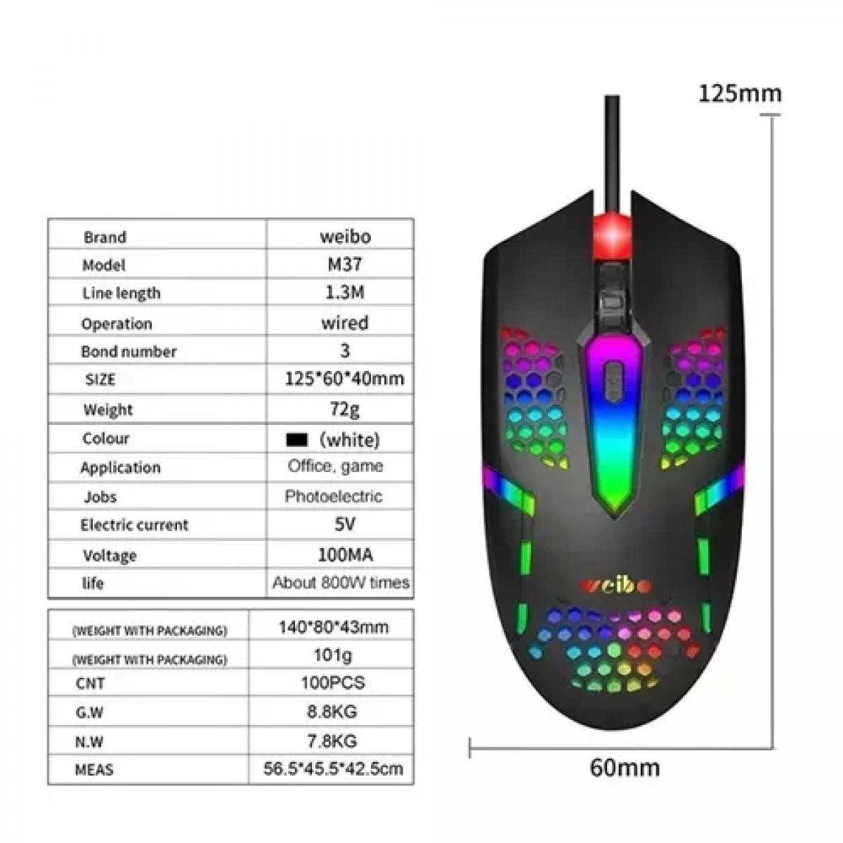 Ενσύρματο ποντίκι gaming USB Honeycomb Hollow RGB Glowing Gamer Weibo M-37 - Image 7