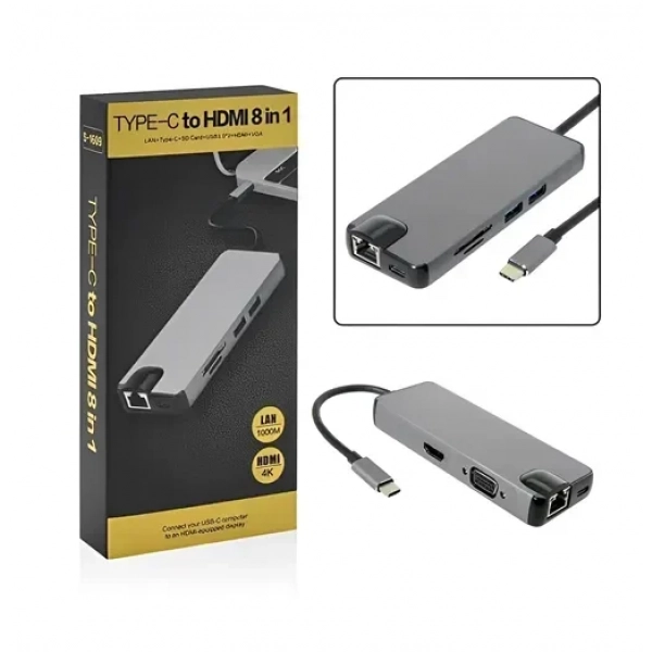 Μετατροπέας 8 σε 1 Τype C σε HDMI – VGA – 2 x USB 3.0 – Type C – Ethernet YWX – Type C 8 x 1