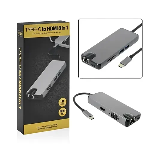 Μετατροπέας 8 Σε 1 Τype C Σε Hdmi – Vga – 2 X Usb 3.0 – Type C – Ethernet Ywx – Type C 8 X 1