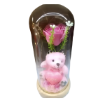 Παντοτινό τριαντάφυλλο με αρκουδάκι σε γυάλινο θόλο με ξύλινη βάση 11×22cm – ροζ