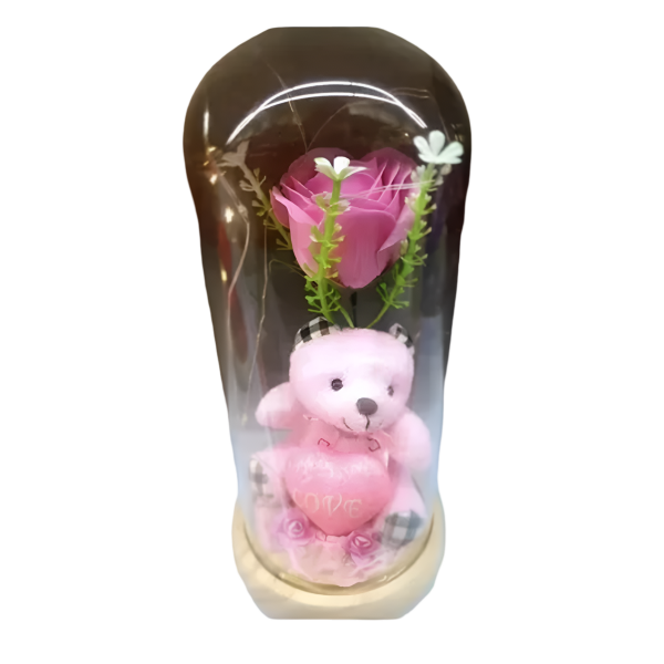 Παντοτινό τριαντάφυλλο με αρκουδάκι σε γυάλινο θόλο με ξύλινη βάση 11×22cm – ροζ