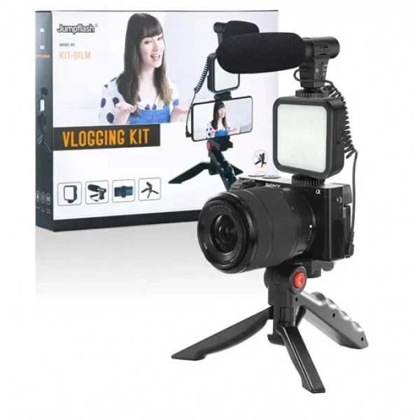 Τρίποδο με βάση κινητού, μικρόφωνο & LED φως - Vlogging Video Kit Jumpflash KIT-01LM