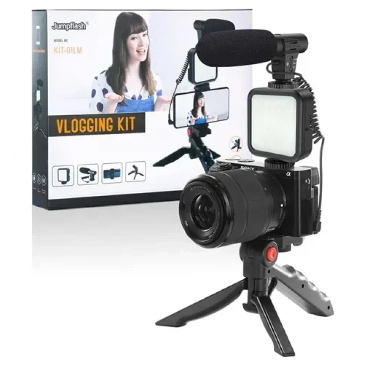 Τρίποδο με βάση κινητού, μικρόφωνο & LED φως - Vlogging Video Kit Jumpflash KIT-01LM