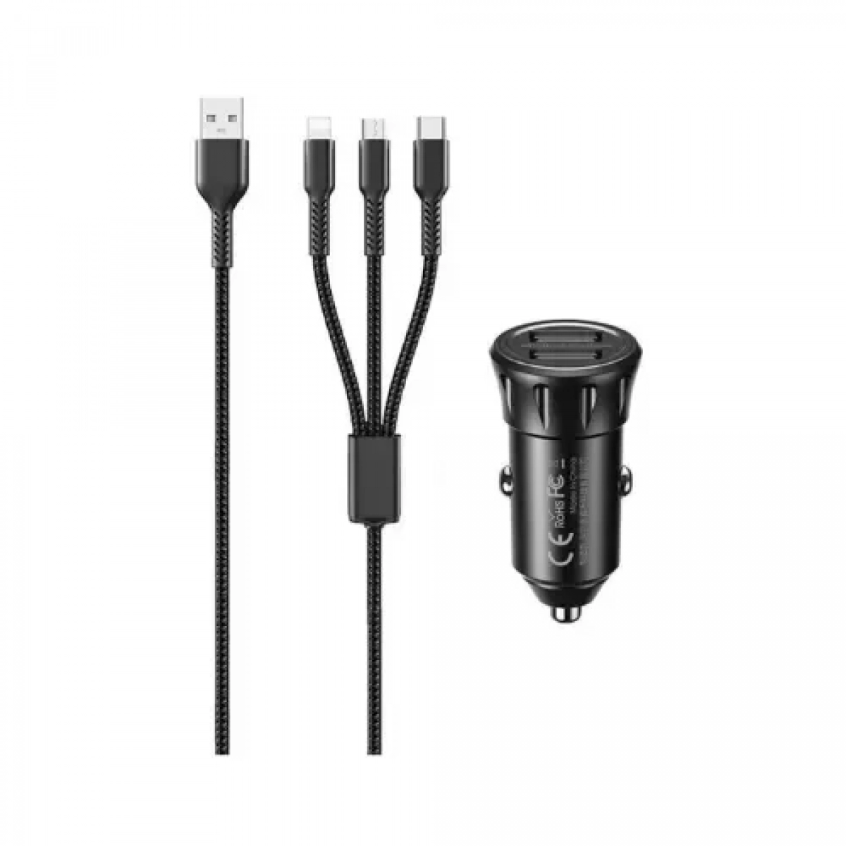 Φορτιστής Αυτοκινήτου Remax RCC236 2.4A με 2 x USB και Καλώδιο 3 σε 1 Μαύρο