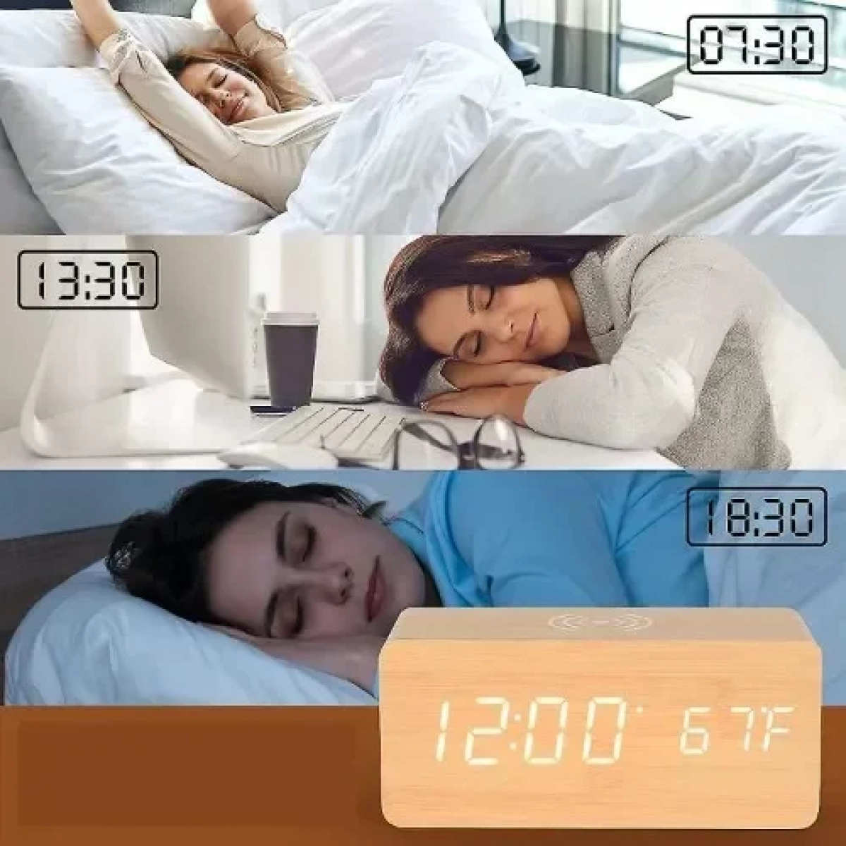 Ξύλινο Επιτραπέζιο Ρολόι - Ξυπνητήρι με Ασύρματη Φόρτιση Κινητού σε Χρώμα Ανοιχτό Καφέ 23404