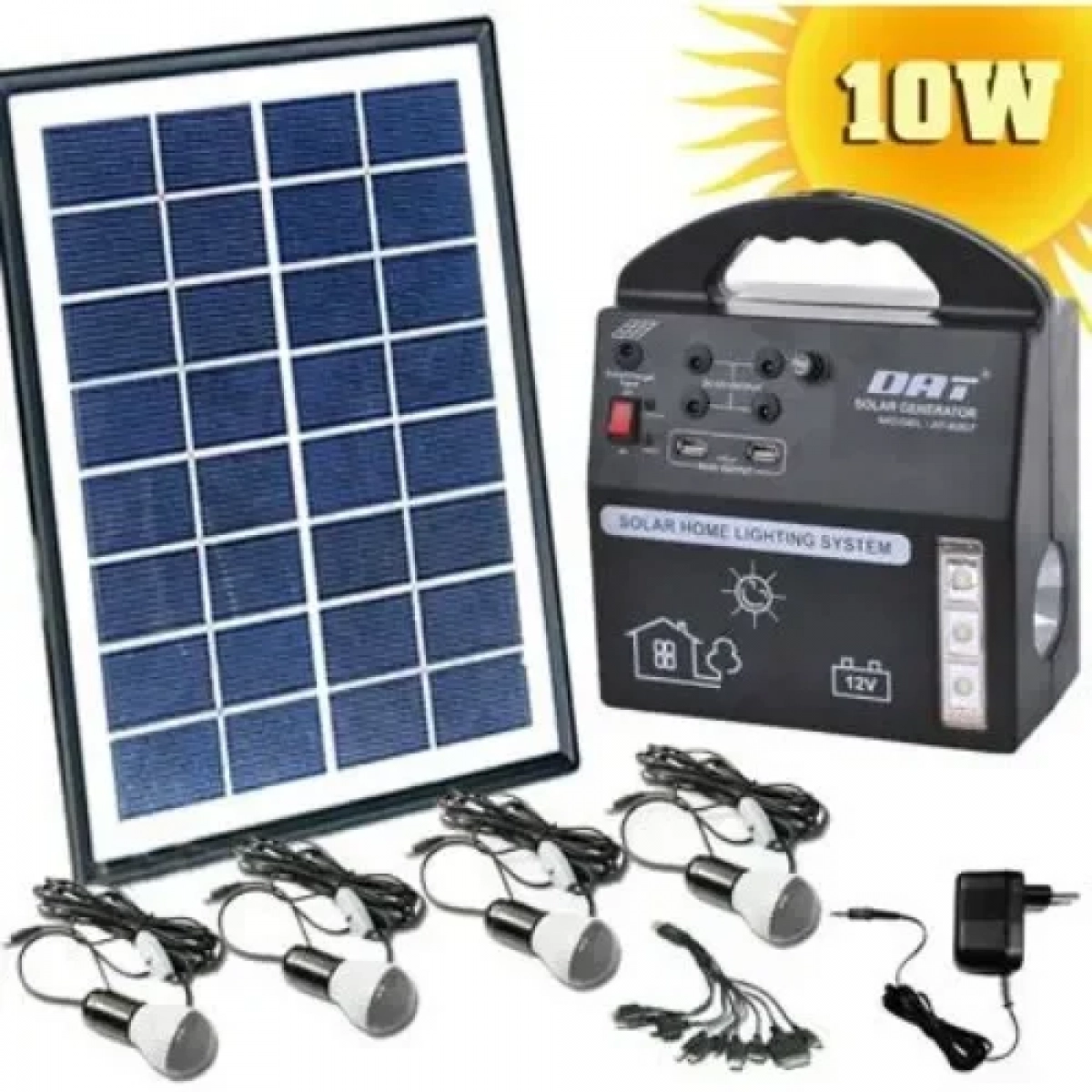 Ηλιακό Σύστημα Φωτισμού & Φόρτισης με Panel 10W, Μπαταρία & 4 Λάμπες LED 120LM AT-8207