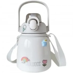 Παγούρι Θερμός 650ml με Καλαμάκι DIY με Αυτοκόλλητα & Ιμάντα από ανοξείδωτο ατσάλι 8659 Λευκό