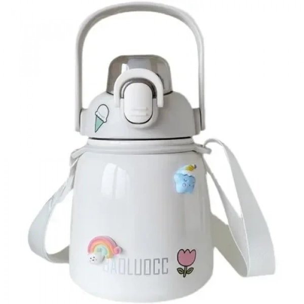 Παγούρι Θερμός 650ml με Καλαμάκι DIY με Αυτοκόλλητα & Ιμάντα από ανοξείδωτο ατσάλι 8659 Λευκό