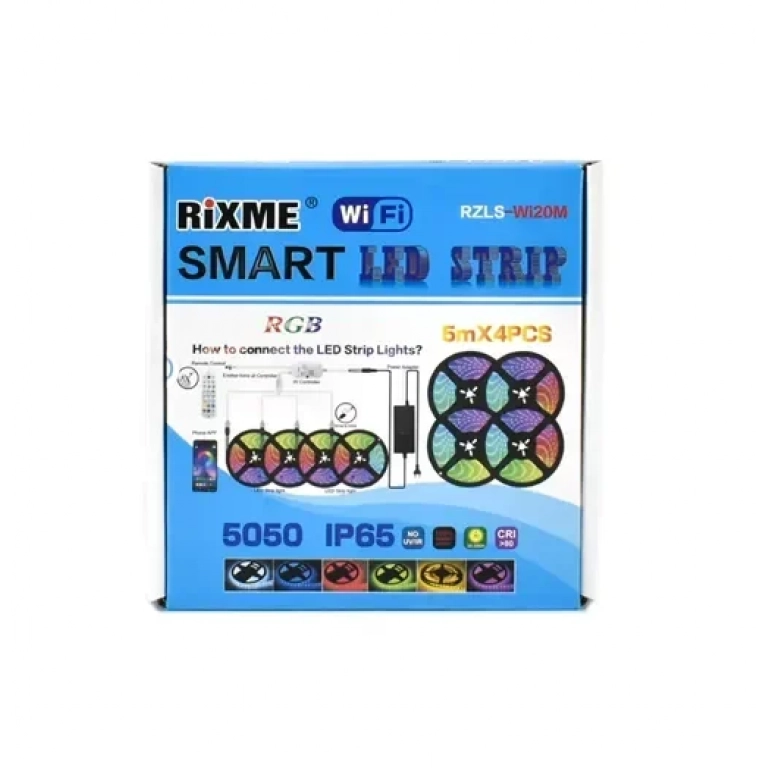 4x ταινίες LED 5050 RGB 5m IP65 WiFi με τηλεχειριστήριο & λειτουργία με ήχο RiXME RZLS-Wi20M
