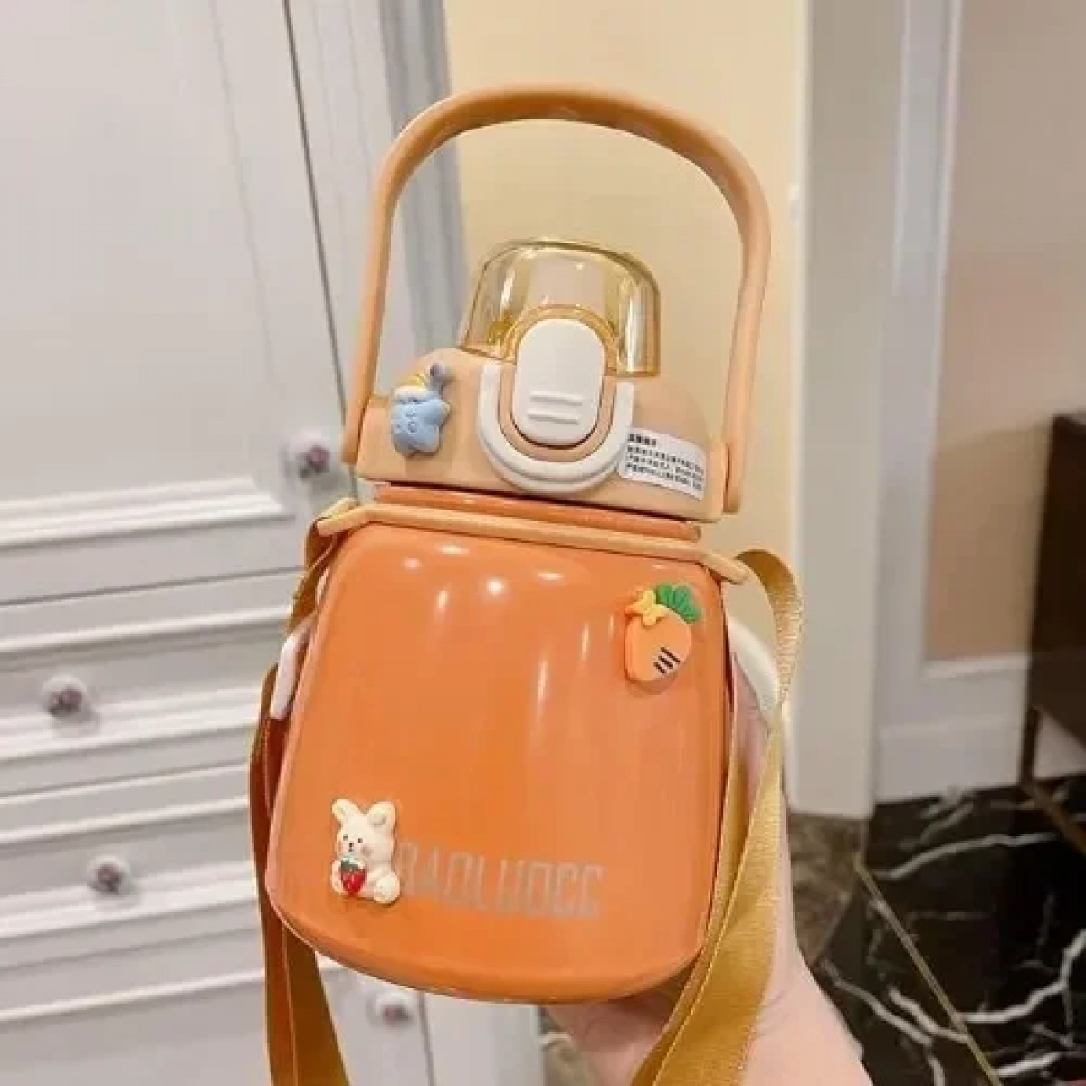 Παγούρι Θερμός 650ml με Καλαμάκι DIY με Αυτοκόλλητα & Ιμάντα από ανοξείδωτο ατσάλι 8659 Πορτοκαλί