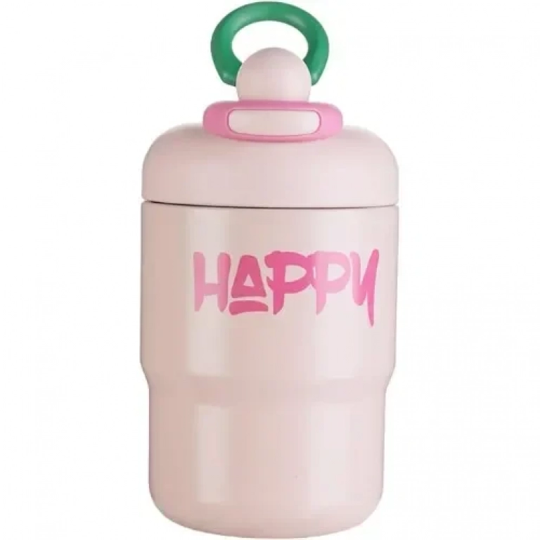 Παγούρι Θερμός 500ml από ανοξείδωτο ατσάλι DIY με Αυτοκόλλητα & Πλαστική Λαβή TB2023-603 "Happy" Ροζ