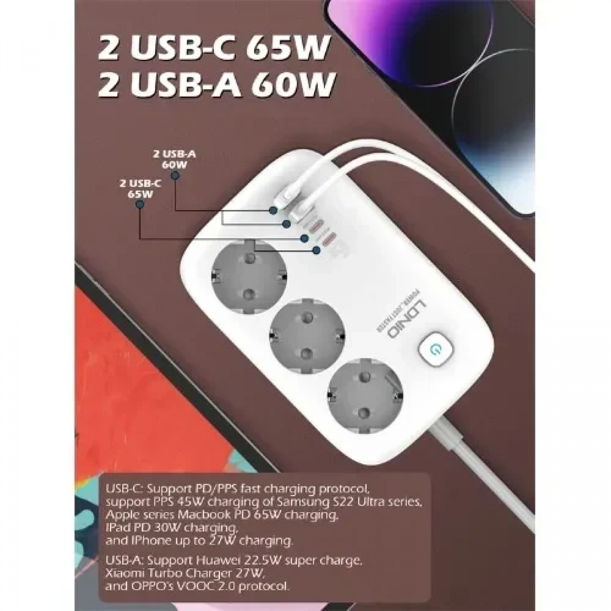 Ldnio Πολύπριζο 3 Θέσεων με Διακόπτη και 4 USB Λευκό SE3436