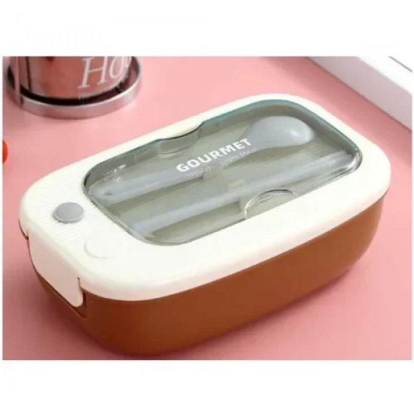 Πλαστικό Δοχείο Φαγητού 20.5x13 cm με κουτάλι & chopsticks Lunch Box 8102 - Καφέ