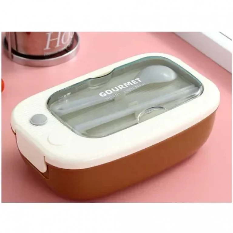 Πλαστικό Δοχείο Φαγητού 20.5x13 cm με κουτάλι & chopsticks Lunch Box 8102 - Καφέ