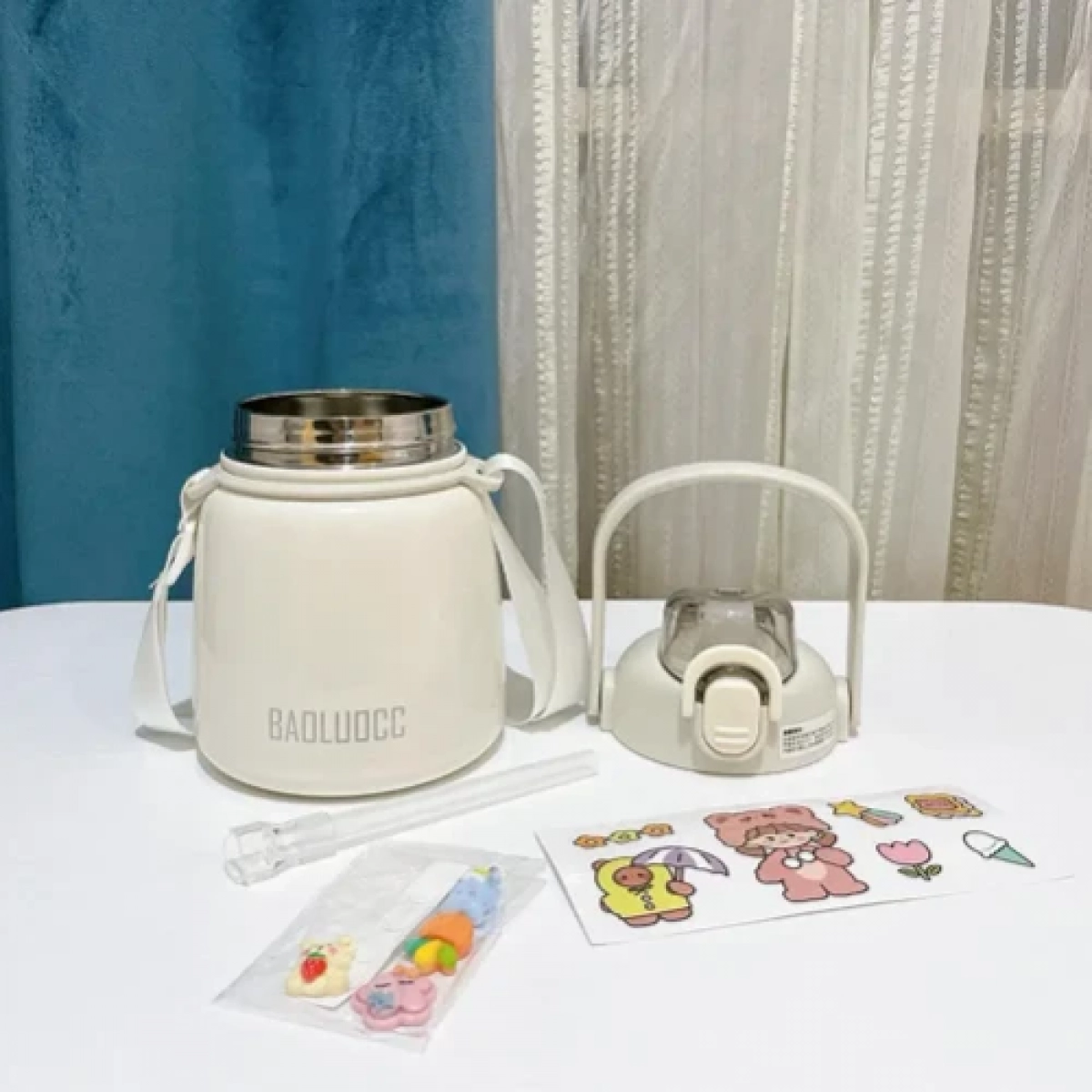 Παγούρι Θερμός 650ml με Καλαμάκι DIY με Αυτοκόλλητα & Ιμάντα από ανοξείδωτο ατσάλι 8659