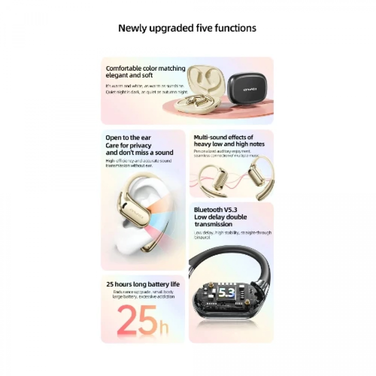 Awei TZ8 OWS Ασύρματα Ακουστικά V5.3 Bluetooth Open Earhooks με Mic Hifi Bass σε Μαύρο χρώμα