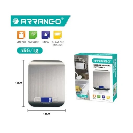 ARRANGO AB76298 Ηλεκτρονική Ψηφιακή Ζυγαριά Κουζίνας με Οθόνη LCD 1g-5kg - Γκρι - Photo1