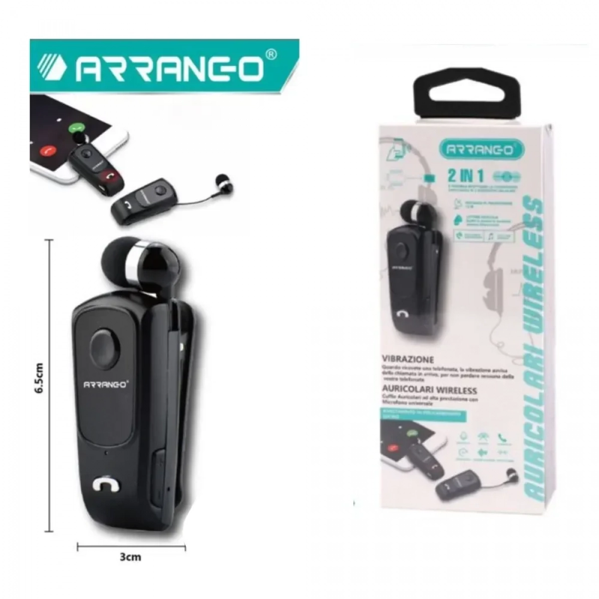 Arrango AC76124 Ασύρματο Bluetooth 4.0 Στερεοφωνικό Ακουστικό με Αναδιπλούμενο Καλώδιο - Μαύρο - Photo3