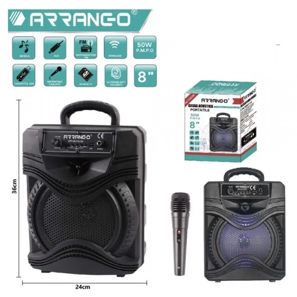 Arrango AC79336 Φορητό Ηχείο 8’’ με Bluetooth, FM, USB και Μικρόφωνο για Karaoke - Μαύρο - Photo1