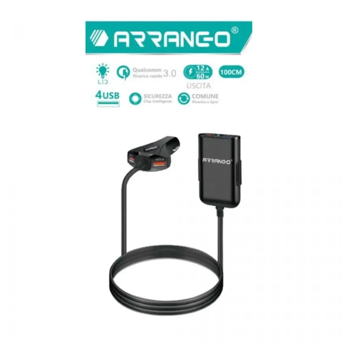 Arrango AC79831 Φορτιστής Αυτοκινήτου 12A Power με 4 Θύρες USB για Γρήγορη Φόρτιση και Επέκταση QC3.0 - Photo2