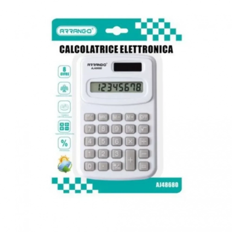 Arrango AJ48680 Φορητή Ηλιακή Ηλεκτρονική Αριθμομηχανή με LCD Οθόνη 8 Ψηφίων - Λευκό - Photo1