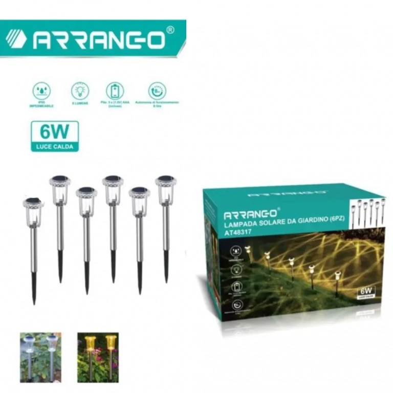 Arrango AT48317 Σετ 6 Καρφωτά Ηλιακά Φωτιστικά Κήπου 6W με Φως Θερμού Λευκού Χρώματος - Photo1