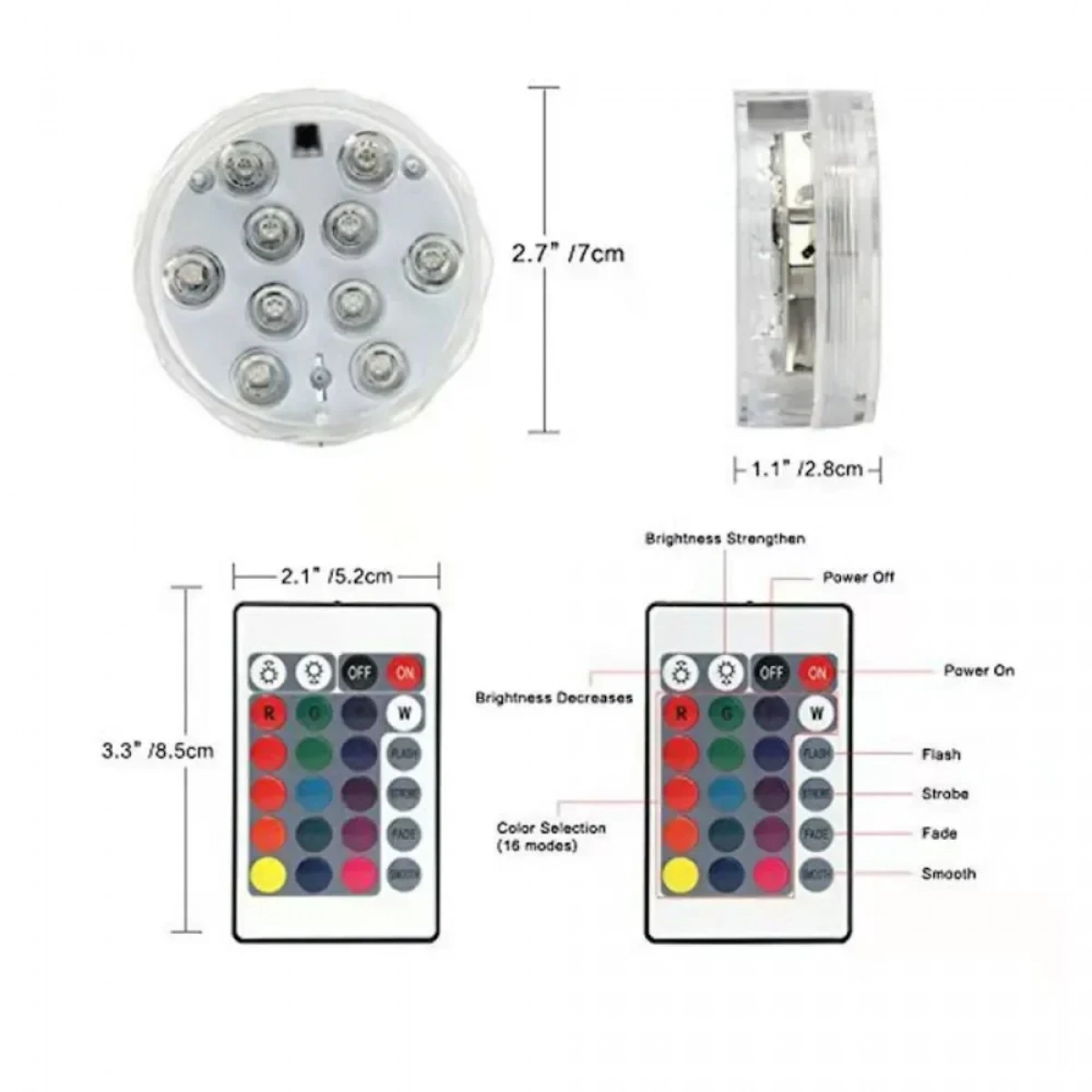 Arrango AT76367 Υποβρύχια Λάμπα 10 LED RGB με Τηλεχειριστήριο IP65 Αδιάβροχη - Photo2