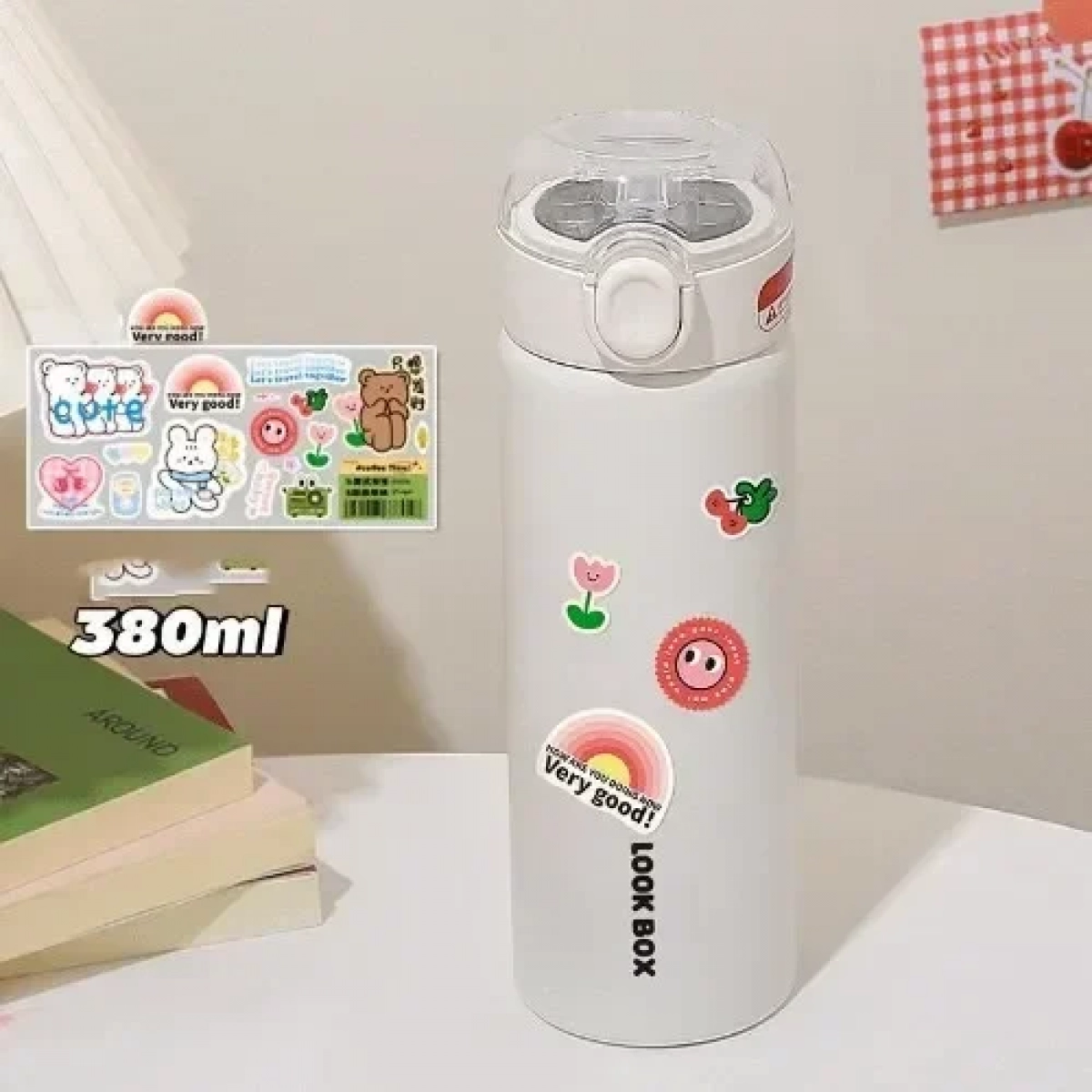 Παγούρι Θερμός 380ml από ανοξείδωτο ατσάλι Σετ με Αυτοκόλλητα 23799 Λευκό