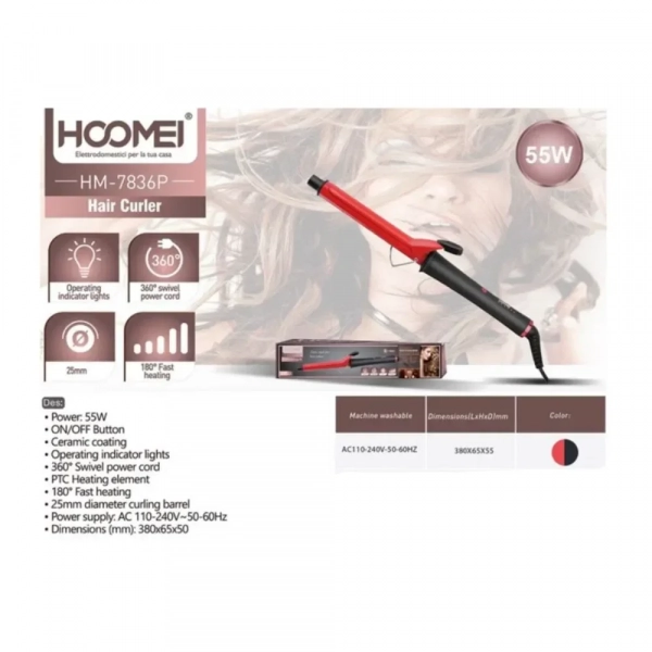 Hoomei HM-7836P Μπουκλιέρα 55W με Περιστρεφόμενο Καλώδιο 360° και Κεραμική Κεφαλή 25mm για Βρεγμένα/Ξηρά Μαλλιά - Κόκκινο - Photo1