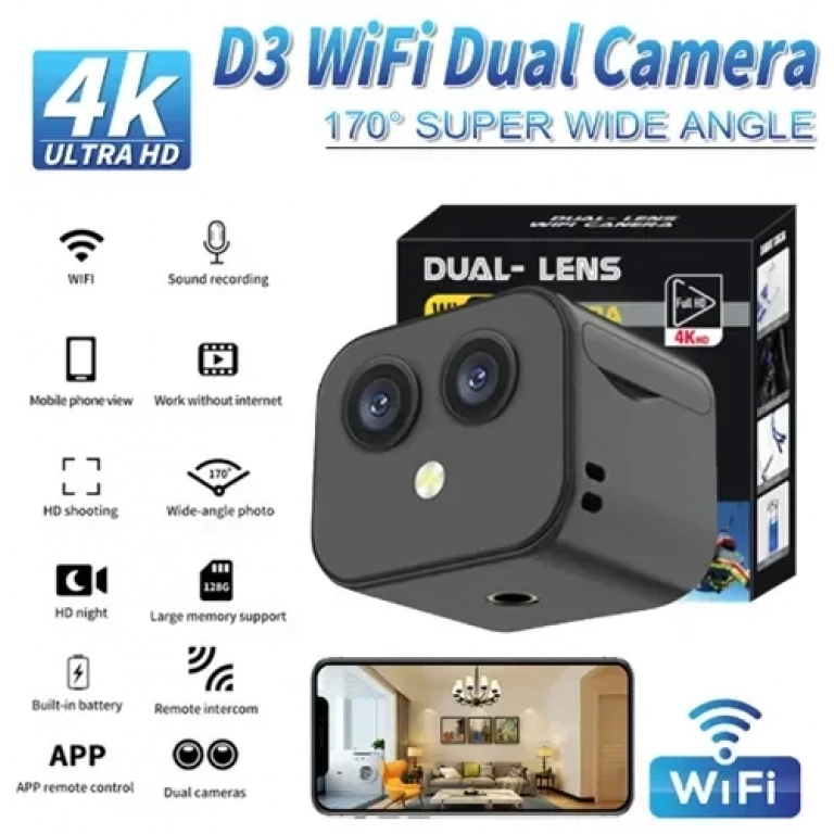 Κάμερα δράσης - παρακολούθησης WiFi DUAL - LENS 4K μαύρη