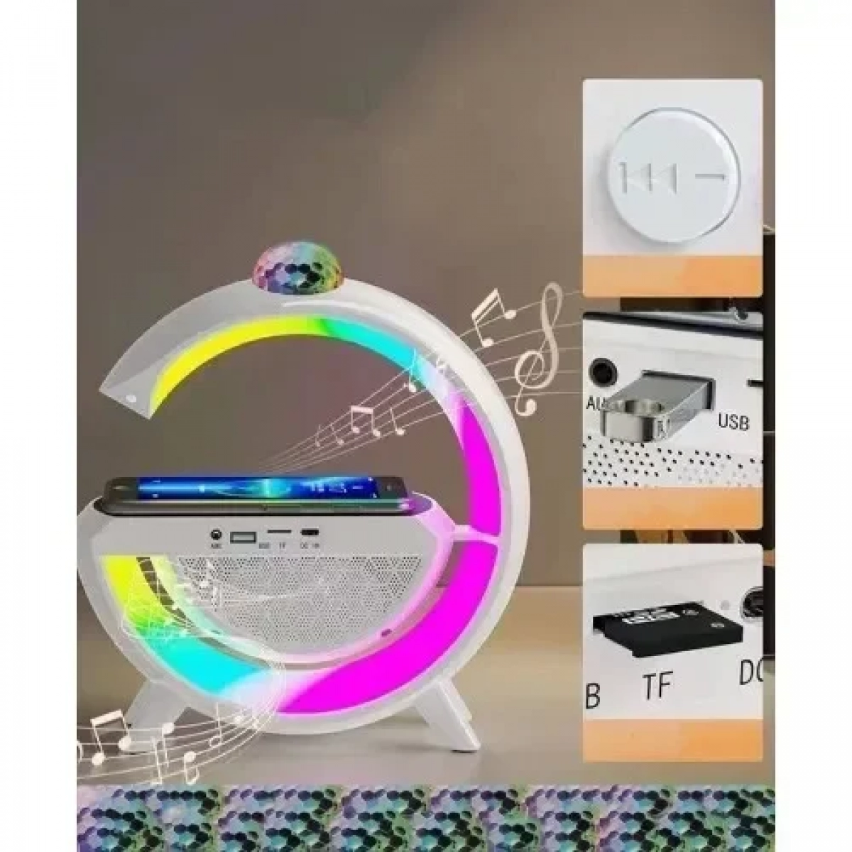 Πολυλειτουργικό Φωτιστικό LED RGB με Ασύρματη Βάση Φόρτισης και Ηχείο Bluetooth 30x30 εκ. OKOP Kp-552
