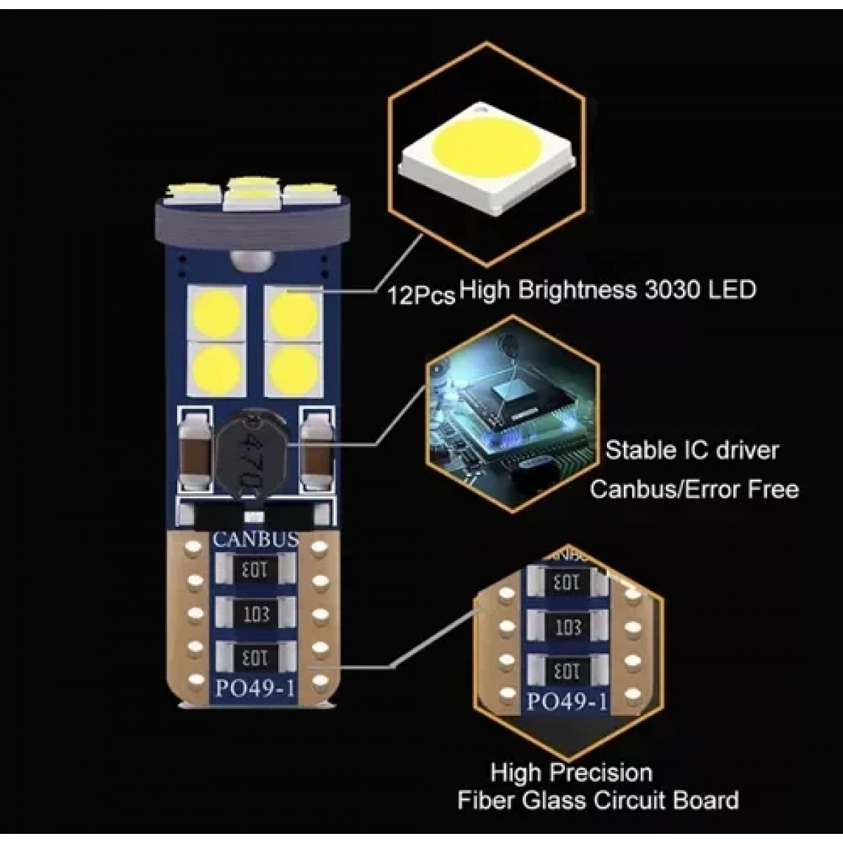 Ψείρες αυτοκίνητου T10 W5W 3rd Generation Can-Bus 12 SMD 3030 6W 900lm DC 12 IP20 ψυχρό λευκό 5000K 2 τμχ. - Image 3