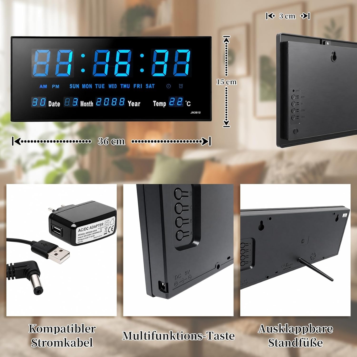 Ψηφιακό Ρολόι Τοίχου LED 45cm με Ένδειξη Ώρας, Ημερομηνίας, Θερμοκρασίας & Ημέρας Εβδομάδας JH4622 - Image 9