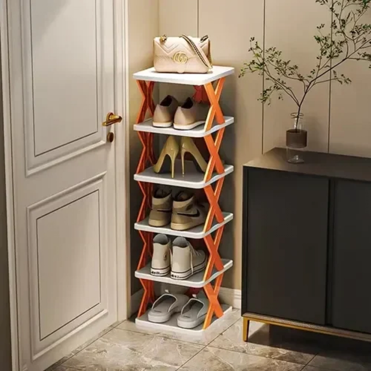 Πτυσσόμενη παπουτσοθήκη με 6 ράφια 26x24x100cm πορτοκαλί - Image 2