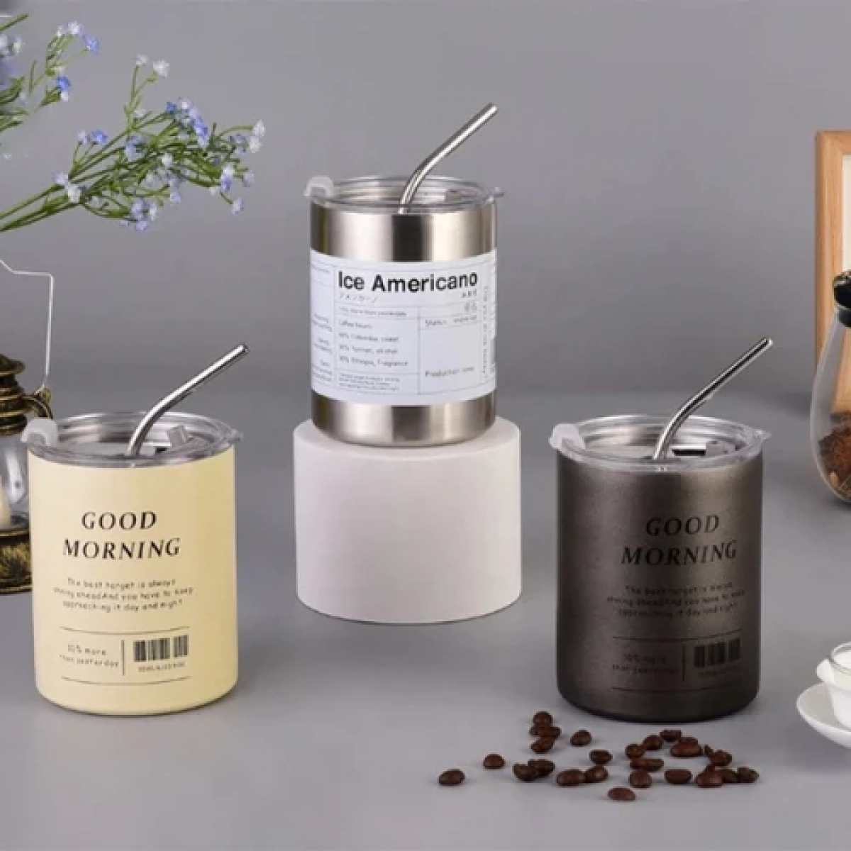 Παγούρι Θερμός 320ml από ανοξείδωτο ατσάλι με Καλαμάκι "Good Morning" LD-888-3-320