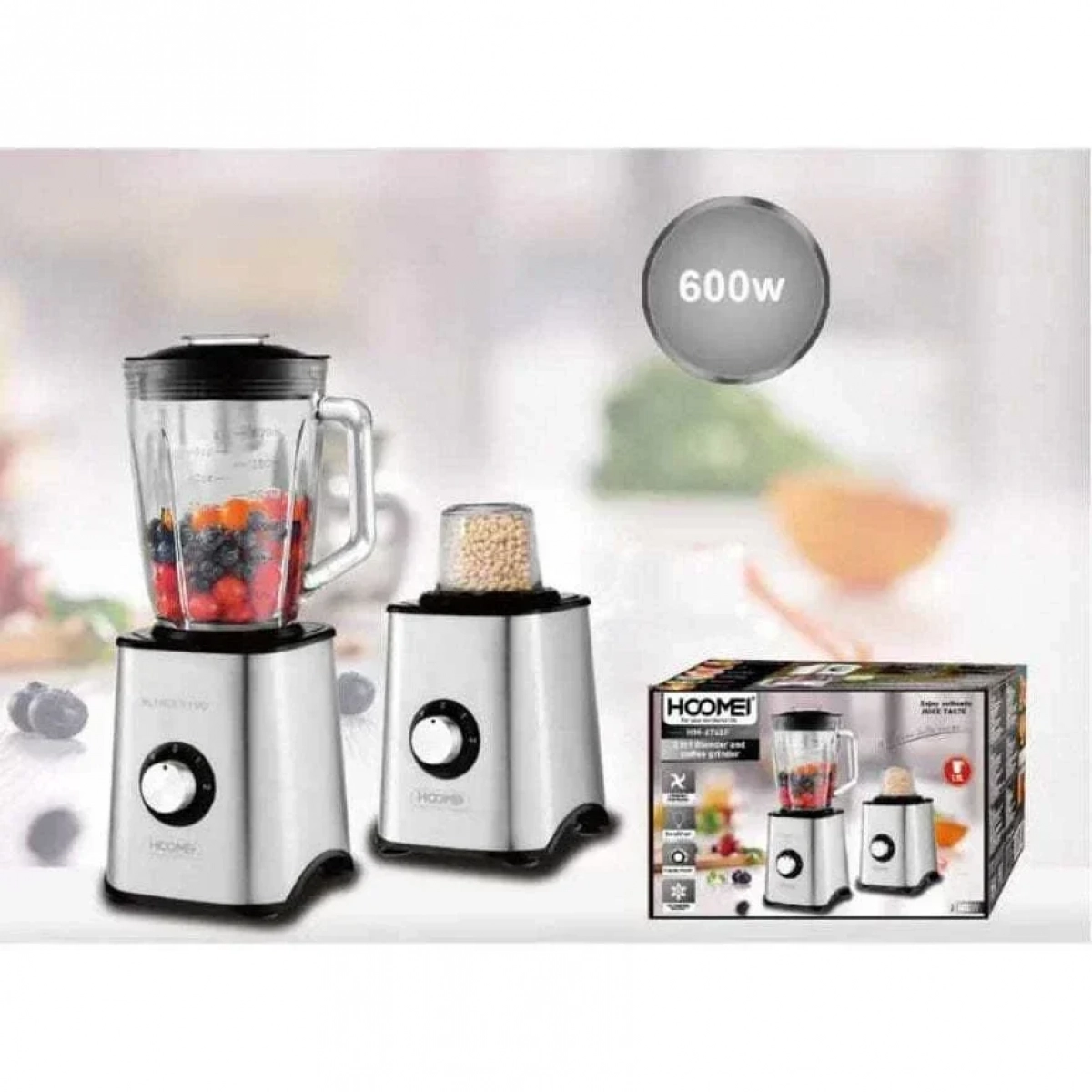 Hoomei HM-6745F Μπλέντερ και Μύλος Καφέ 2 σε 1 600W 1.5lt - Ασημί