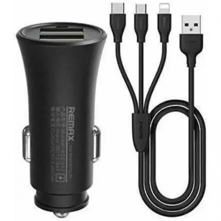 Φορτιστής Αυτοκινήτου Remax RCC236 2.4A με 2 x USB και Καλώδιο 3 σε 1 Μαύρο